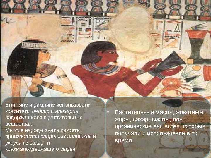 Египтяне и римляне использовали красители индиго и ализарин, содержащиеся в растительных веществах. Многие народы