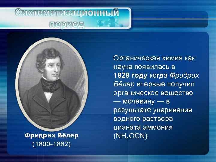 Фридрих Вёлер (1800 -1882) Органическая химия как наука появилась в 1828 году когда Фридрих