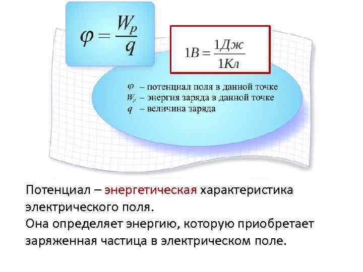 Потенциал – энергетическая характеристика электрического поля. Она определяет энергию, которую приобретает заряженная частица в