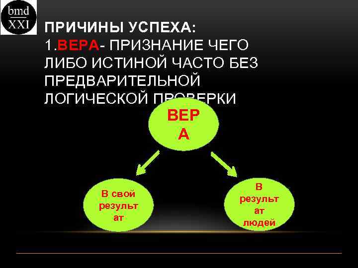 ПРИЧИНЫ УСПЕХА: 1. ВЕРА- ПРИЗНАНИЕ ЧЕГО ЛИБО ИСТИНОЙ ЧАСТО БЕЗ ПРЕДВАРИТЕЛЬНОЙ ЛОГИЧЕСКОЙ ПРОВЕРКИ ВЕР
