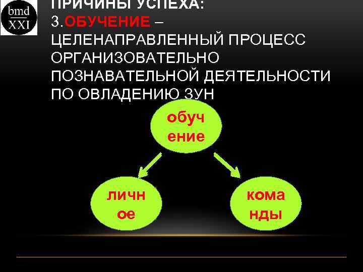 ПРИЧИНЫ УСПЕХА: 3. ОБУЧЕНИЕ – ЦЕЛЕНАПРАВЛЕННЫЙ ПРОЦЕСС ОРГАНИЗОВАТЕЛЬНО ПОЗНАВАТЕЛЬНОЙ ДЕЯТЕЛЬНОСТИ ПО ОВЛАДЕНИЮ ЗУН обуч