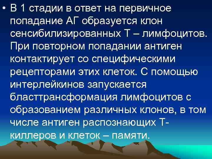  • В 1 стадии в ответ на первичное попадание АГ образуется клон сенсибилизированных