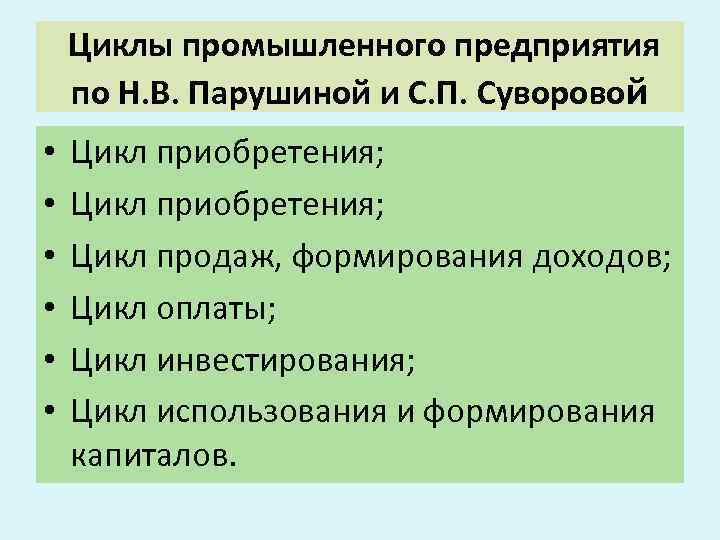 Циклы промышленного предприятия по Н. В. Парушиной и С. П. Суворовой • • •