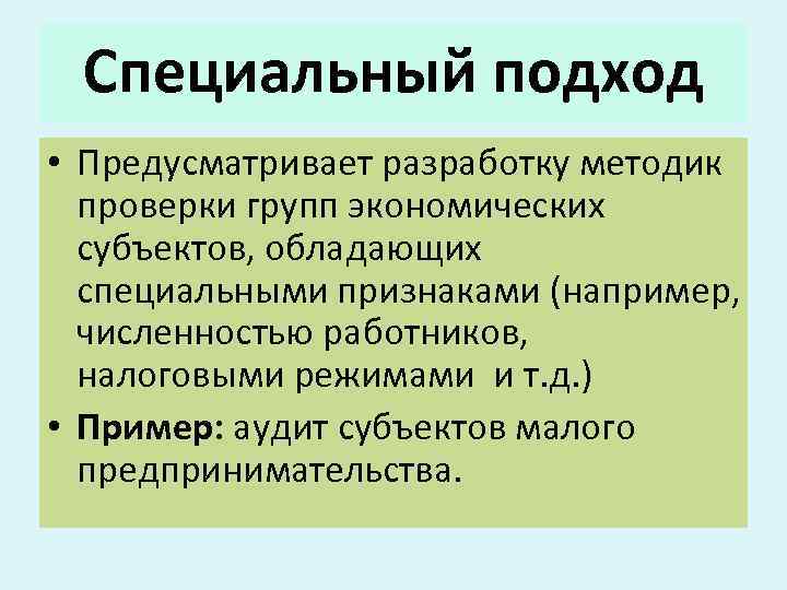 Специальный подход • Предусматривает разработку методик проверки групп экономических субъектов, обладающих специальными признаками (например,