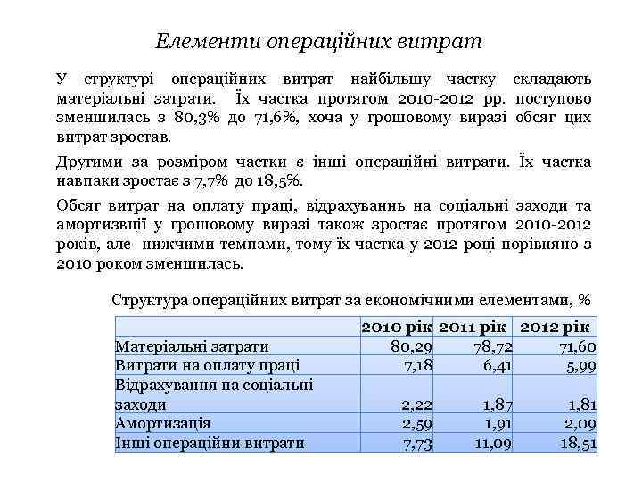 Елементи операційних витрат У структурі операційних витрат найбільшу частку складають матеріальні затрати. Їх частка