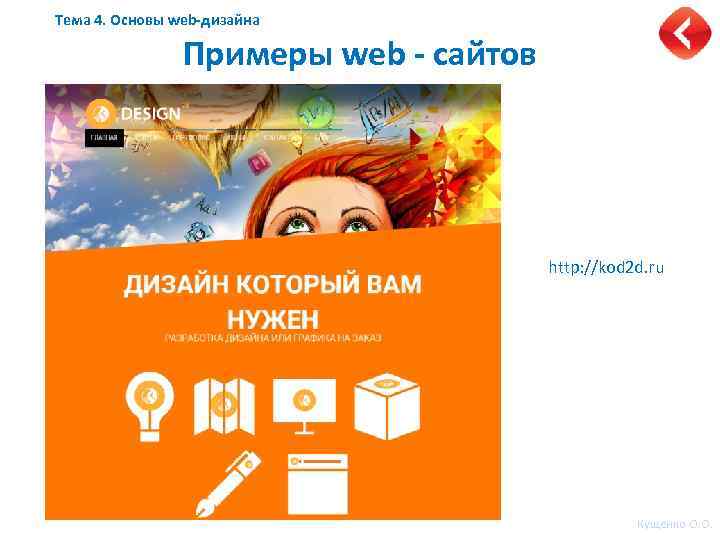 Тема 4. Основы web-дизайна Примеры web - сайтов http: //kod 2 d. ru Кущенко