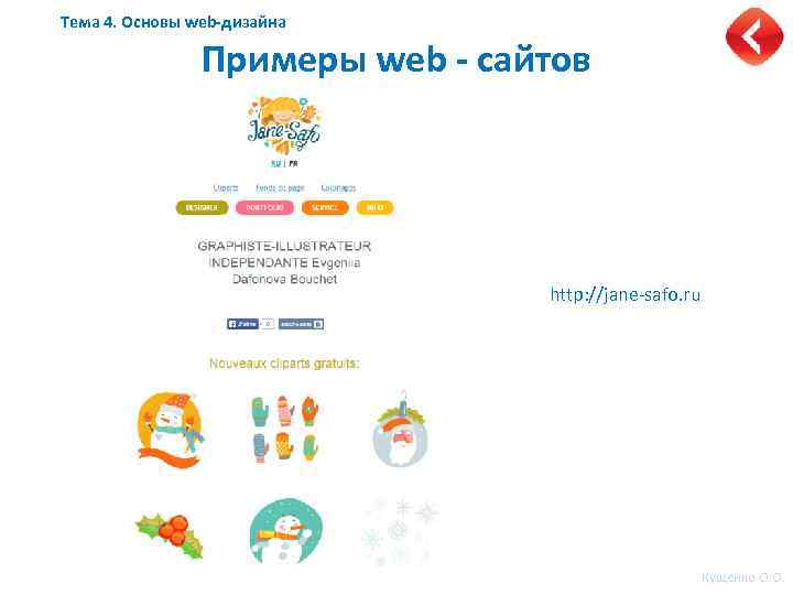 Тема 4. Основы web-дизайна Примеры web - сайтов http: //jane-safo. ru Кущенко О. О.