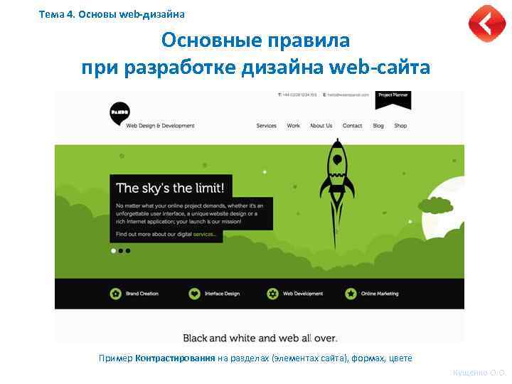 Тема 4. Основы web-дизайна Основные правила при разработке дизайна web-сайта Пример Контрастирования на разделах