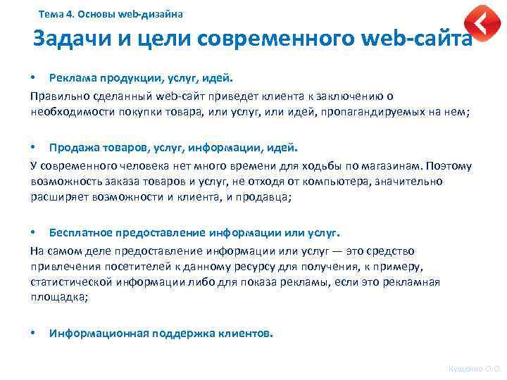 Тема 4. Основы web-дизайна Задачи и цели современного web-сайта • Реклама продукции, услуг, идей.