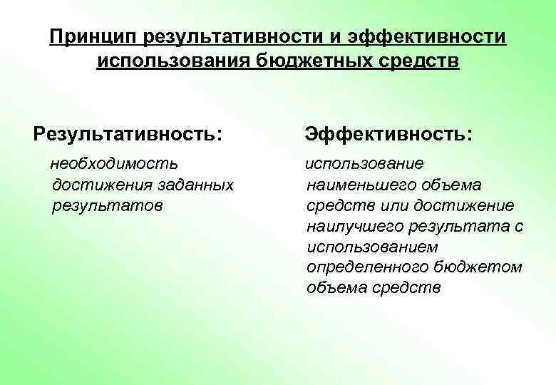 Принцип результативности и эффективности использования бюджетных средств Результативность: необходимость достижения заданных результатов Эффективность: использование