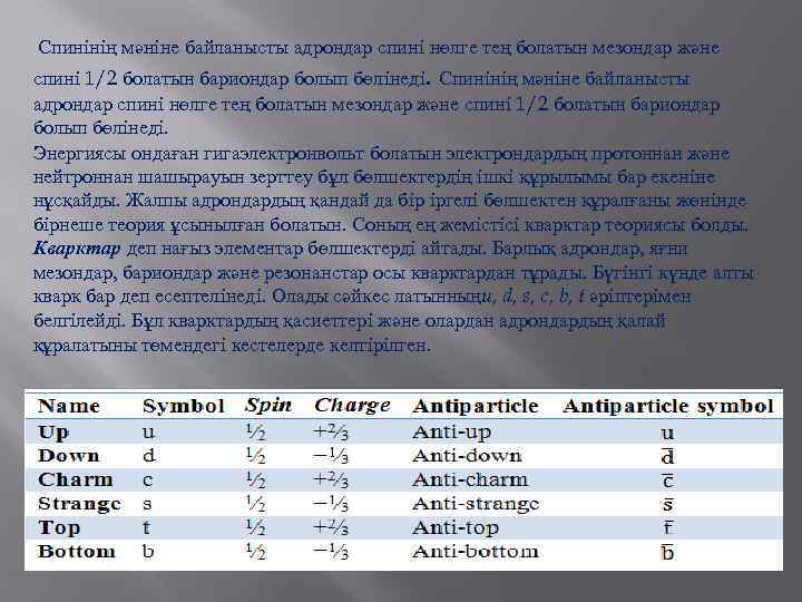  Спинiнiң мәнiне байланысты адрондар спинi нөлге тең болатын мезондар және спинi 1/2 болатын