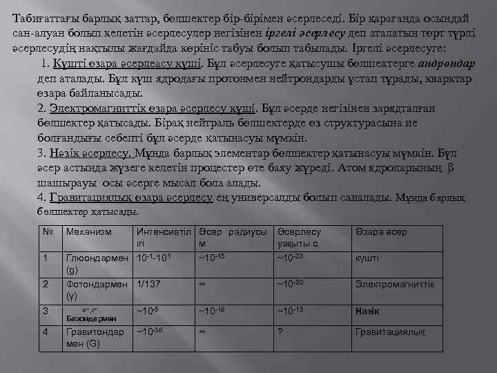 Табиғаттағы барлық заттар, бөлшектер бiр-бiрiмен әсерлеседi. Бiр қарағанда осындай сан-алуан болып келетiн әсерлесулер негiзiнен