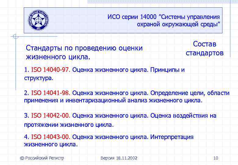 ИСО серии 14000 ”Системы управления охраной окружающей среды” Стандарты по проведению оценки жизненного цикла.