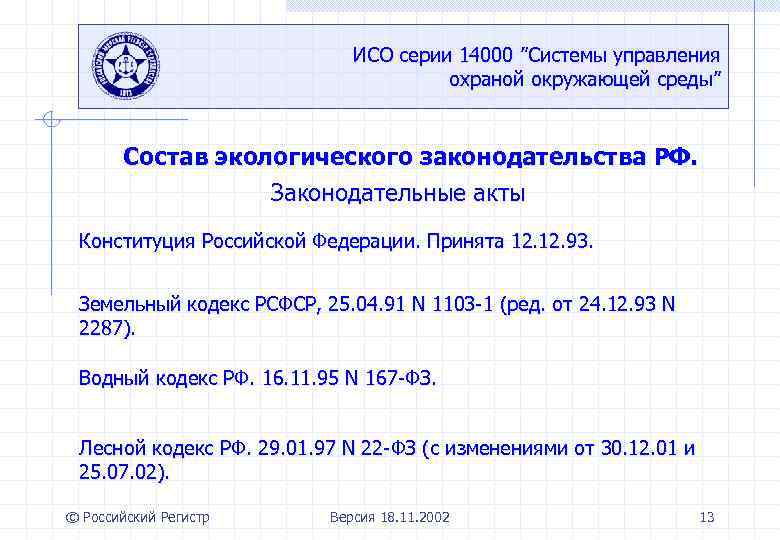 ИСО серии 14000 ”Системы управления охраной окружающей среды” Состав экологического законодательства РФ. Законодательные акты