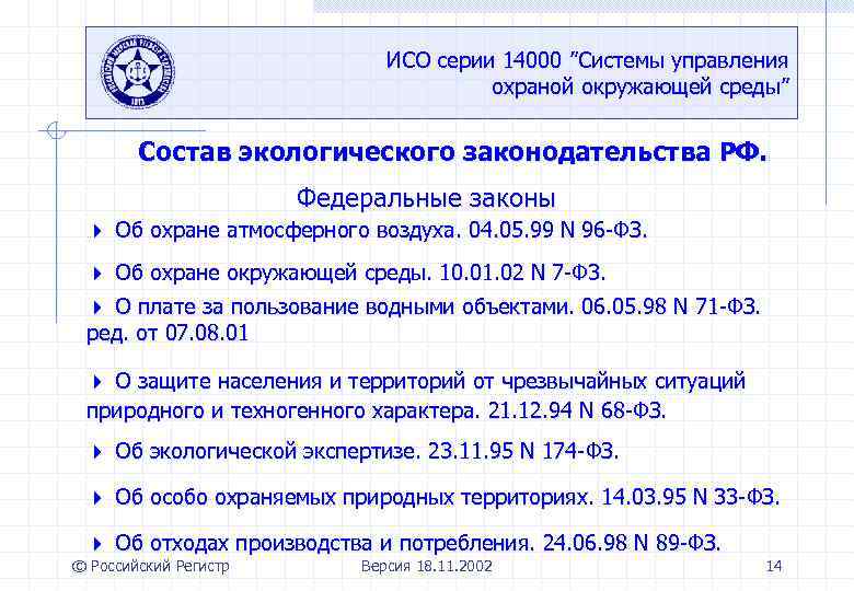 ИСО серии 14000 ”Системы управления охраной окружающей среды” Состав экологического законодательства РФ. Федеральные законы