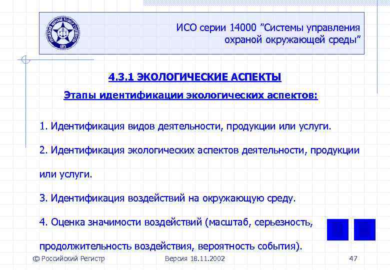 ИСО серии 14000 ”Системы управления охраной окружающей среды” 4. 3. 1 ЭКОЛОГИЧЕСКИЕ АСПЕКТЫ Этапы