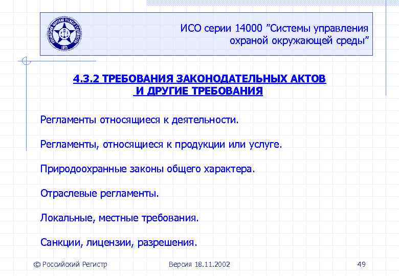 ИСО серии 14000 ”Системы управления охраной окружающей среды” 4. 3. 2 ТРЕБОВАНИЯ ЗАКОНОДАТЕЛЬНЫХ АКТОВ