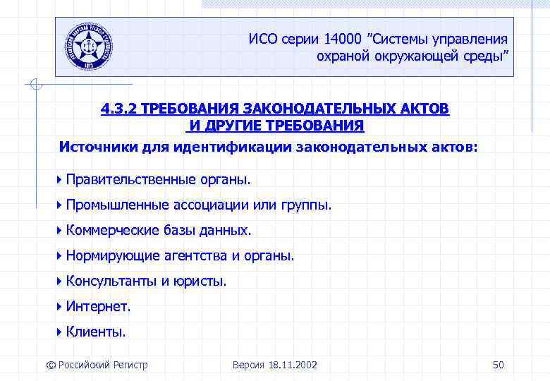 ИСО серии 14000 ”Системы управления охраной окружающей среды” 4. 3. 2 ТРЕБОВАНИЯ ЗАКОНОДАТЕЛЬНЫХ АКТОВ