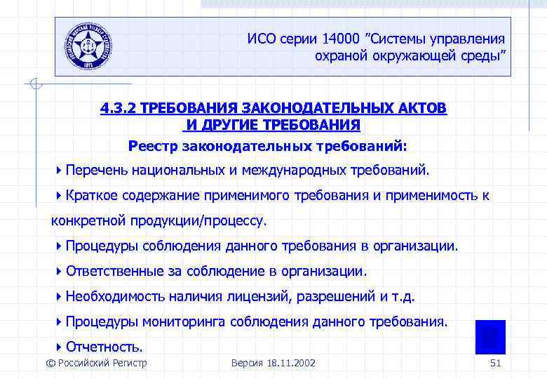 ИСО серии 14000 ”Системы управления охраной окружающей среды” 4. 3. 2 ТРЕБОВАНИЯ ЗАКОНОДАТЕЛЬНЫХ АКТОВ