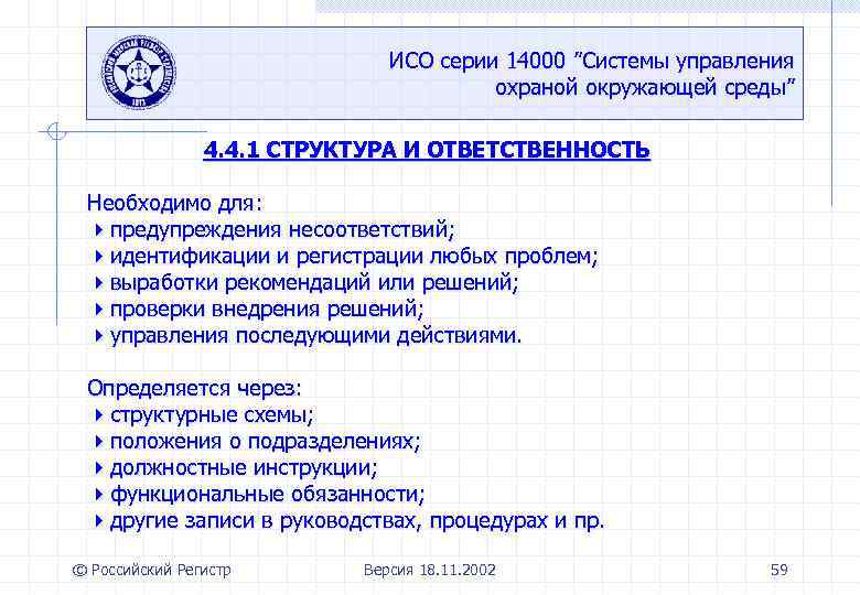 ИСО серии 14000 ”Системы управления охраной окружающей среды” 4. 4. 1 СТРУКТУРА И ОТВЕТСТВЕННОСТЬ