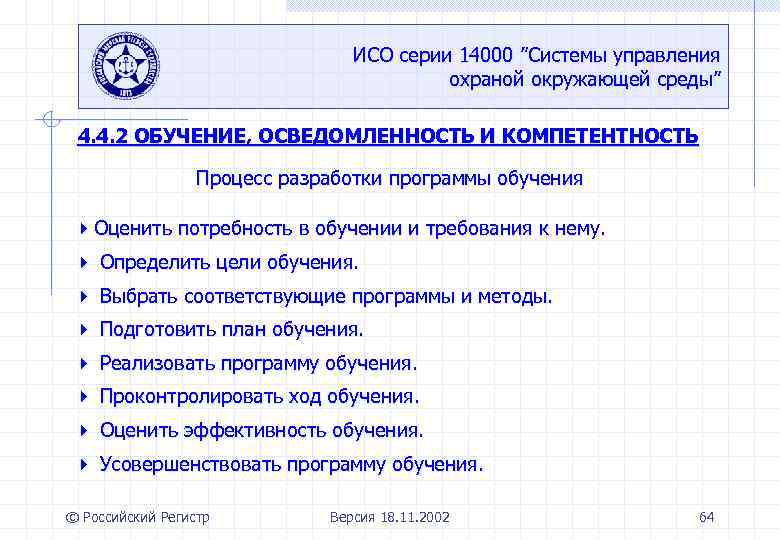 ИСО серии 14000 ”Системы управления охраной окружающей среды” 4. 4. 2 ОБУЧЕНИЕ, ОСВЕДОМЛЕННОСТЬ И