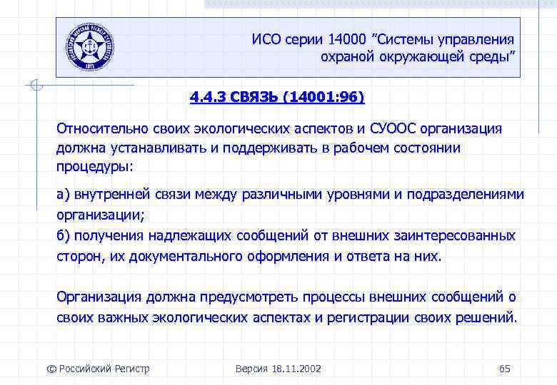 ИСО серии 14000 ”Системы управления охраной окружающей среды” 4. 4. 3 СВЯЗЬ (14001: 96)