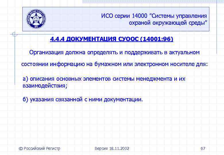 ИСО серии 14000 ”Системы управления охраной окружающей среды” 4. 4. 4 ДОКУМЕНТАЦИЯ СУООС (14001: