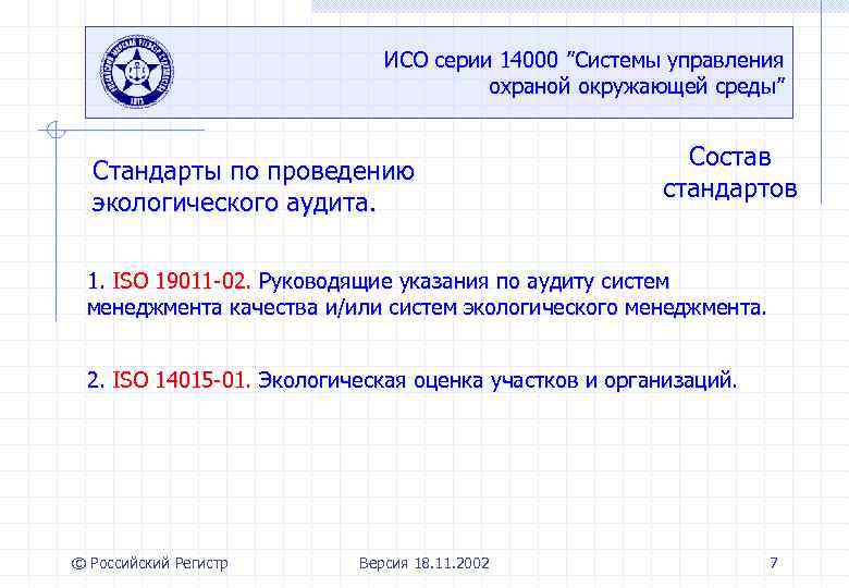 ИСО серии 14000 ”Системы управления охраной окружающей среды” Стандарты по проведению экологического аудита. Состав