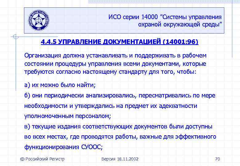 ИСО серии 14000 ”Системы управления охраной окружающей среды” 4. 4. 5 УПРАВЛЕНИЕ ДОКУМЕНТАЦИЕЙ (14001: