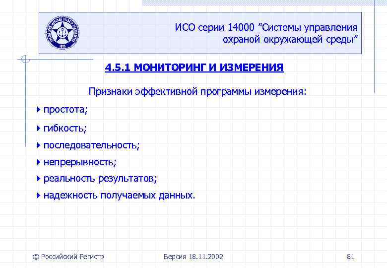 ИСО серии 14000 ”Системы управления охраной окружающей среды” 4. 5. 1 МОНИТОРИНГ И ИЗМЕРЕНИЯ