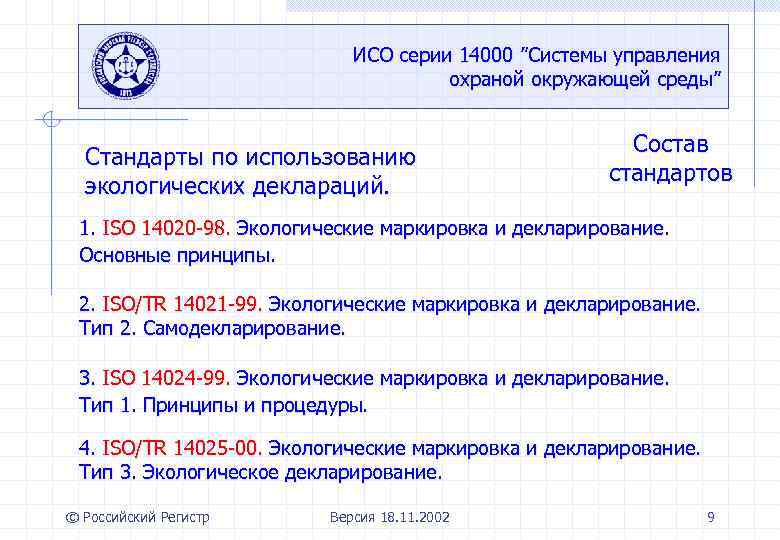 ИСО серии 14000 ”Системы управления охраной окружающей среды” Стандарты по использованию экологических деклараций. Состав