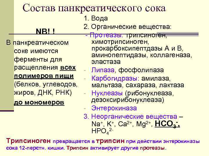 Состав панкреатического сока 1. Вода 2. Органические вещества: NB! ! - Протеазы: трипсиноген, химотрипсиноген,