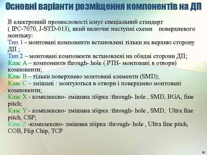 Основні варіанти розміщення компонентів на ДП В електронній промисловості існує спеціальний стандарт ( IPC-7070,