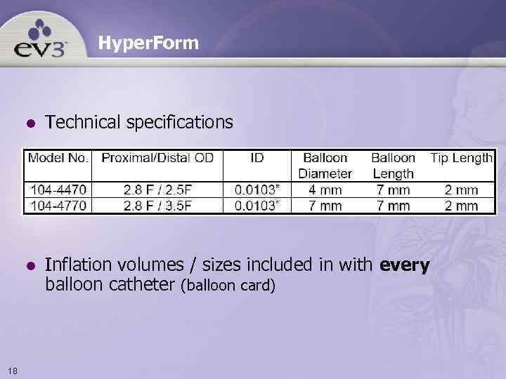 Hyper. Form l l 18 Technical specifications Inflation volumes / sizes included in with