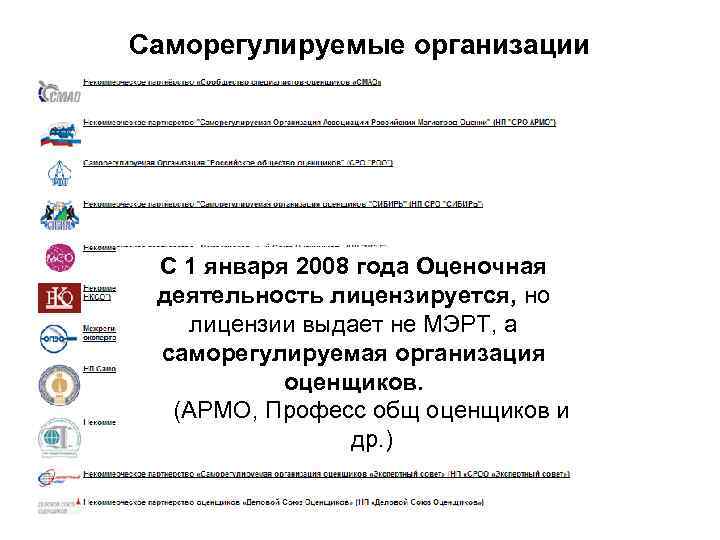 Саморегулируемые организации С 1 января 2008 года Оценочная деятельность лицензируется, но лицензии выдает не