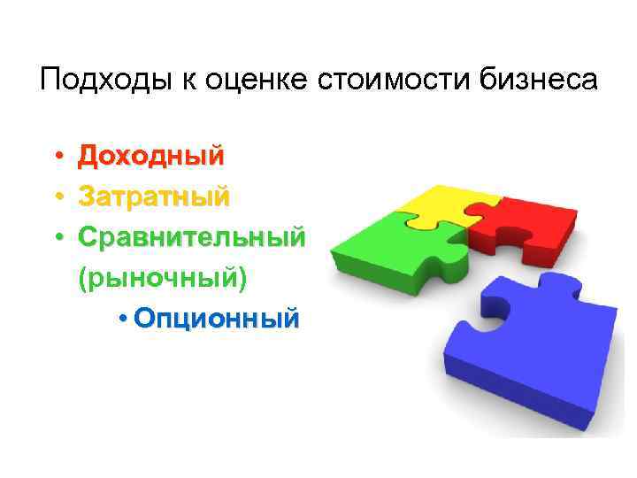 Подходы к оценке стоимости бизнеса • • • Доходный Затратный Сравнительный (рыночный) • Опционный