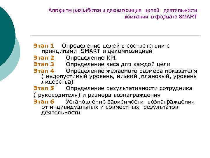 Алгоритм разработки и декомпозиция целей деятельности компании в формате SMART Этап 1 Определение целей