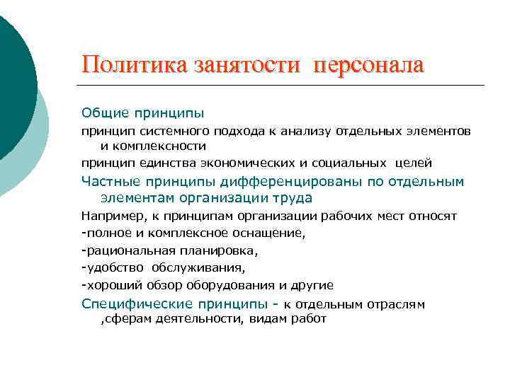 Политика занятости персонала Общие принципы принцип системного подхода к анализу отдельных элементов и комплексности