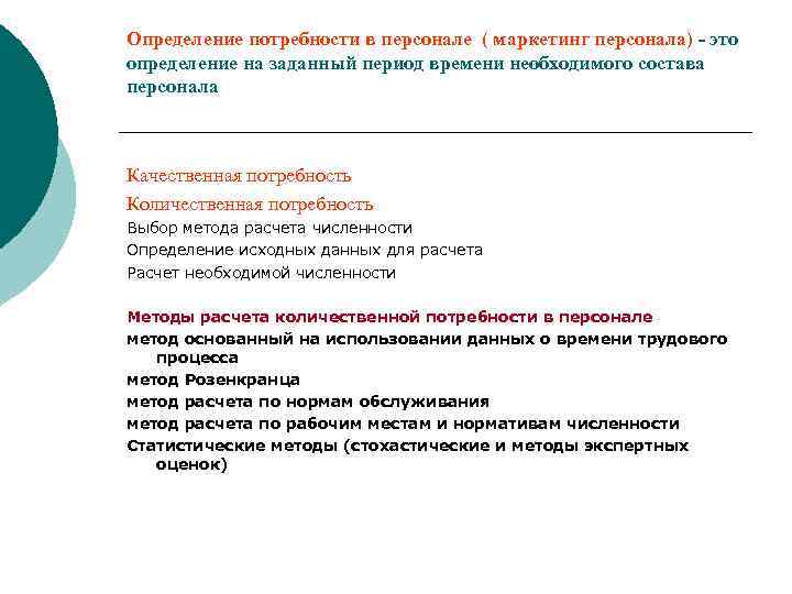 Определение потребности в персонале ( маркетинг персонала) - это определение на заданный период времени