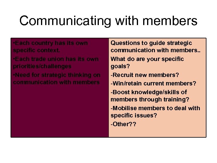 Communicating with members • Each country has its own specific context. • Each trade