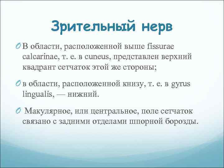Зрительный нерв O В области, расположенной выше fissurae calcarinae, т. е. в cuneus, представлен
