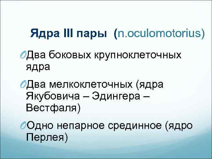 Ядра III пары (n. oculomotorius) OДва боковых крупноклеточных ядра OДва мелкоклеточных (ядра Якубовича –