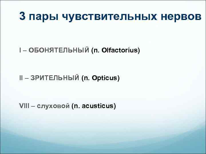 3 пары чувствительных нервов I – ОБОНЯТЕЛЬНЫЙ (n. Olfactorius) II – ЗРИТЕЛЬНЫЙ (n. Opticus)