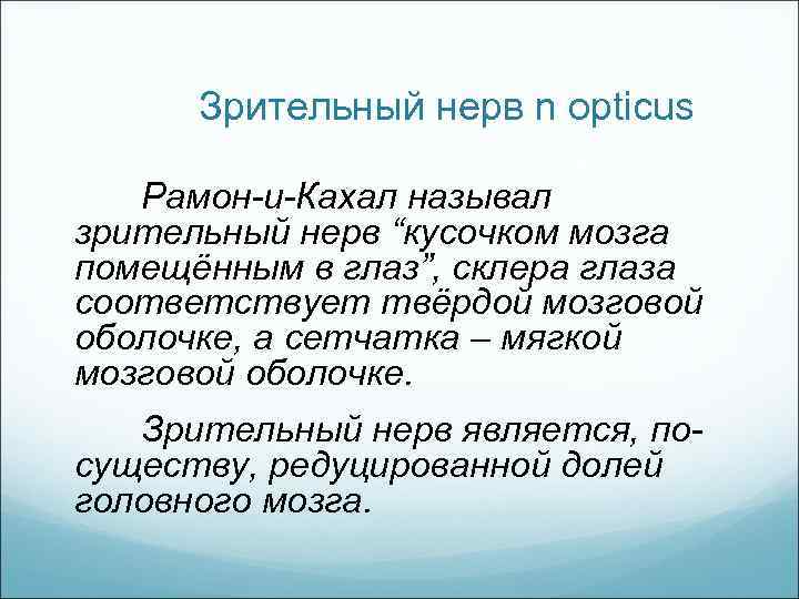 Зрительный нерв n opticus Рамон-и-Кахал называл зрительный нерв “кусочком мозга помещённым в глаз”, склера