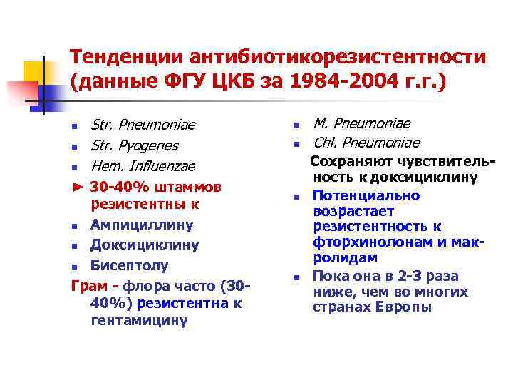 Тенденции антибиотикорезистентности (данные ФГУ ЦКБ за 1984 -2004 г. г. ) n n n