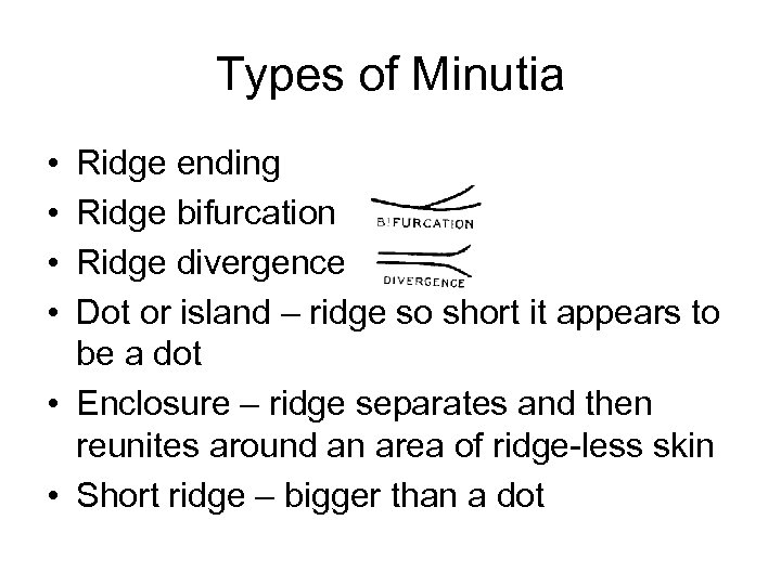 Types of Minutia • • Ridge ending Ridge bifurcation Ridge divergence Dot or island