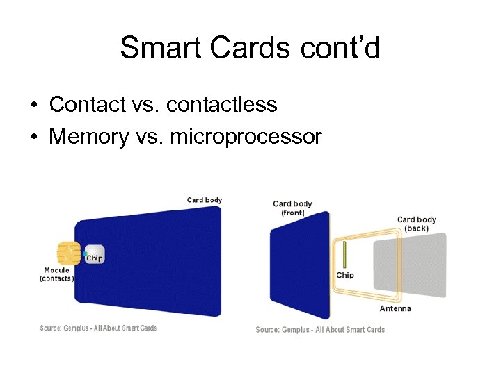 Smart Cards cont’d • Contact vs. contactless • Memory vs. microprocessor 