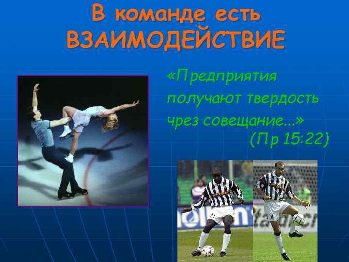 В команде есть ВЗАИМОДЕЙСТВИЕ «Предприятия получают твердость чрез совещание. . . » (Пр 15: