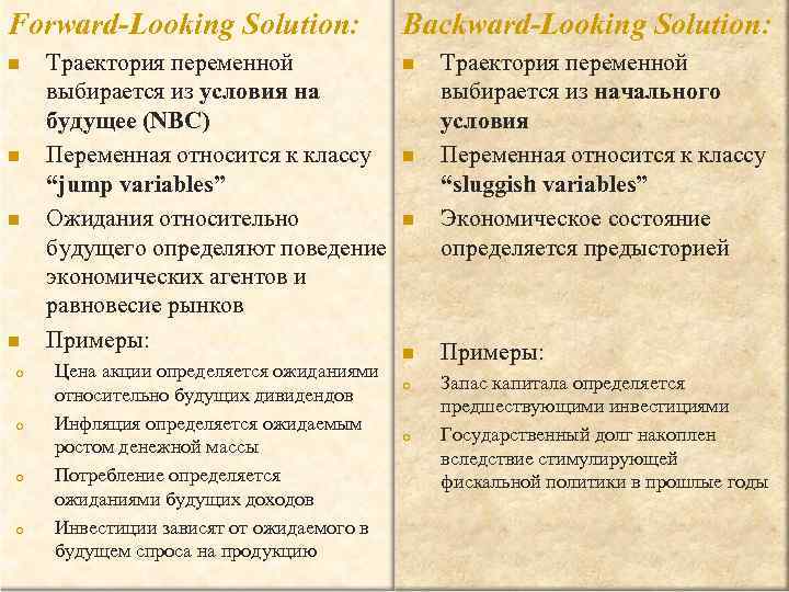 Forward-Looking Solution: n n o o Траектория переменной выбирается из условия на будущее (NBC)