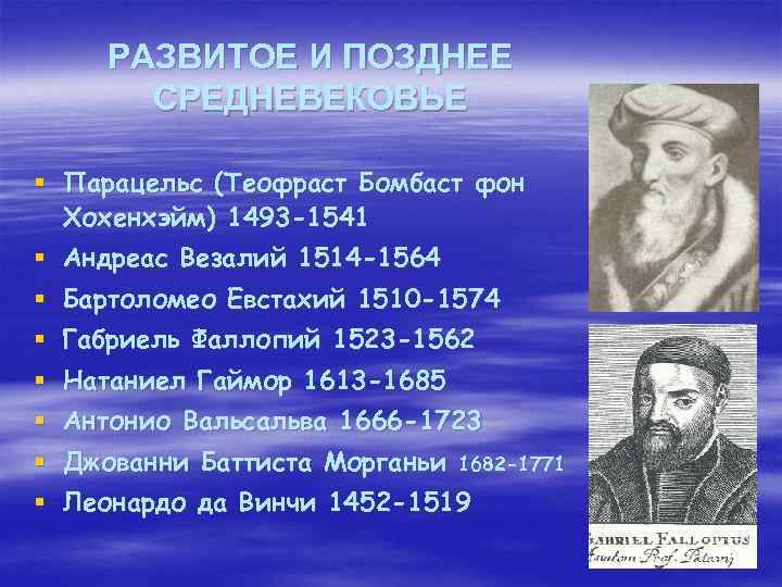 РАЗВИТОЕ И ПОЗДНЕЕ СРЕДНЕВЕКОВЬЕ § Парацельс (Теофраст Бомбаст фон Хохенхэйм) 1493 -1541 § Андреас